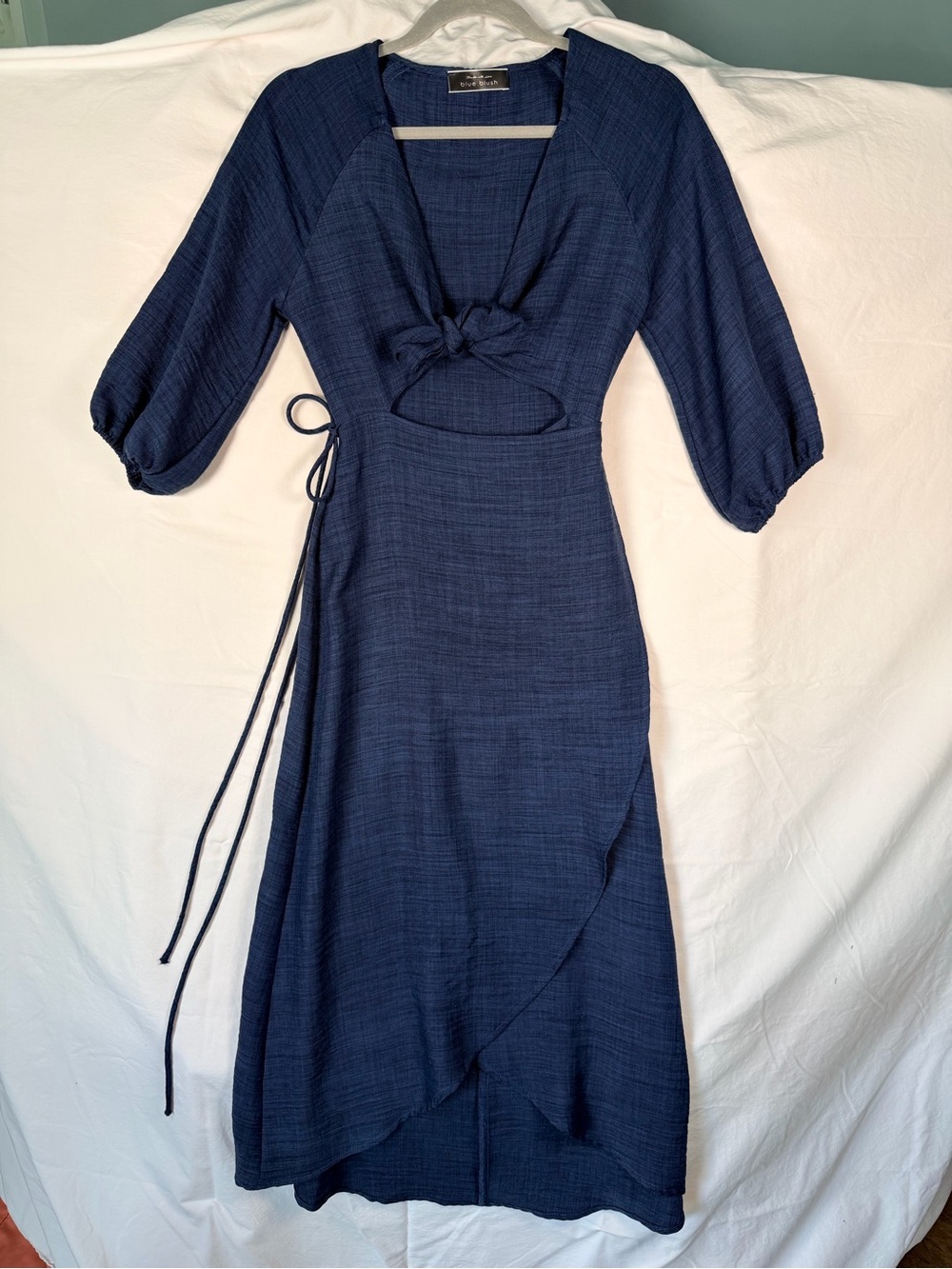 Blue Blush Navy Tie Front Cutout Midi Dress Ruffle Wedding Guest